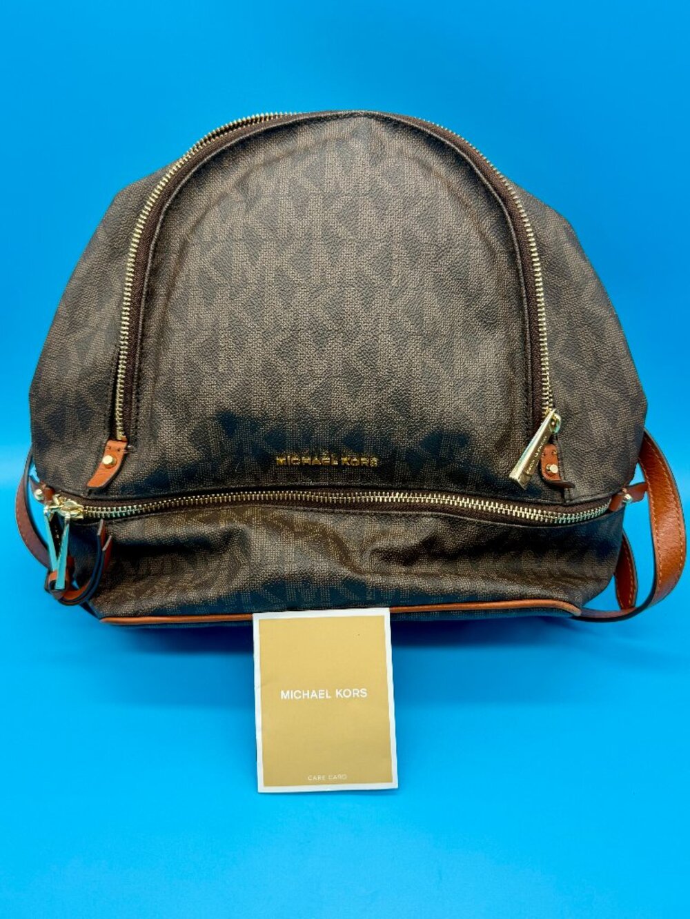 Michael Kors Brown Signature MK Logo Backpack Cognac Leather Gold Tone
